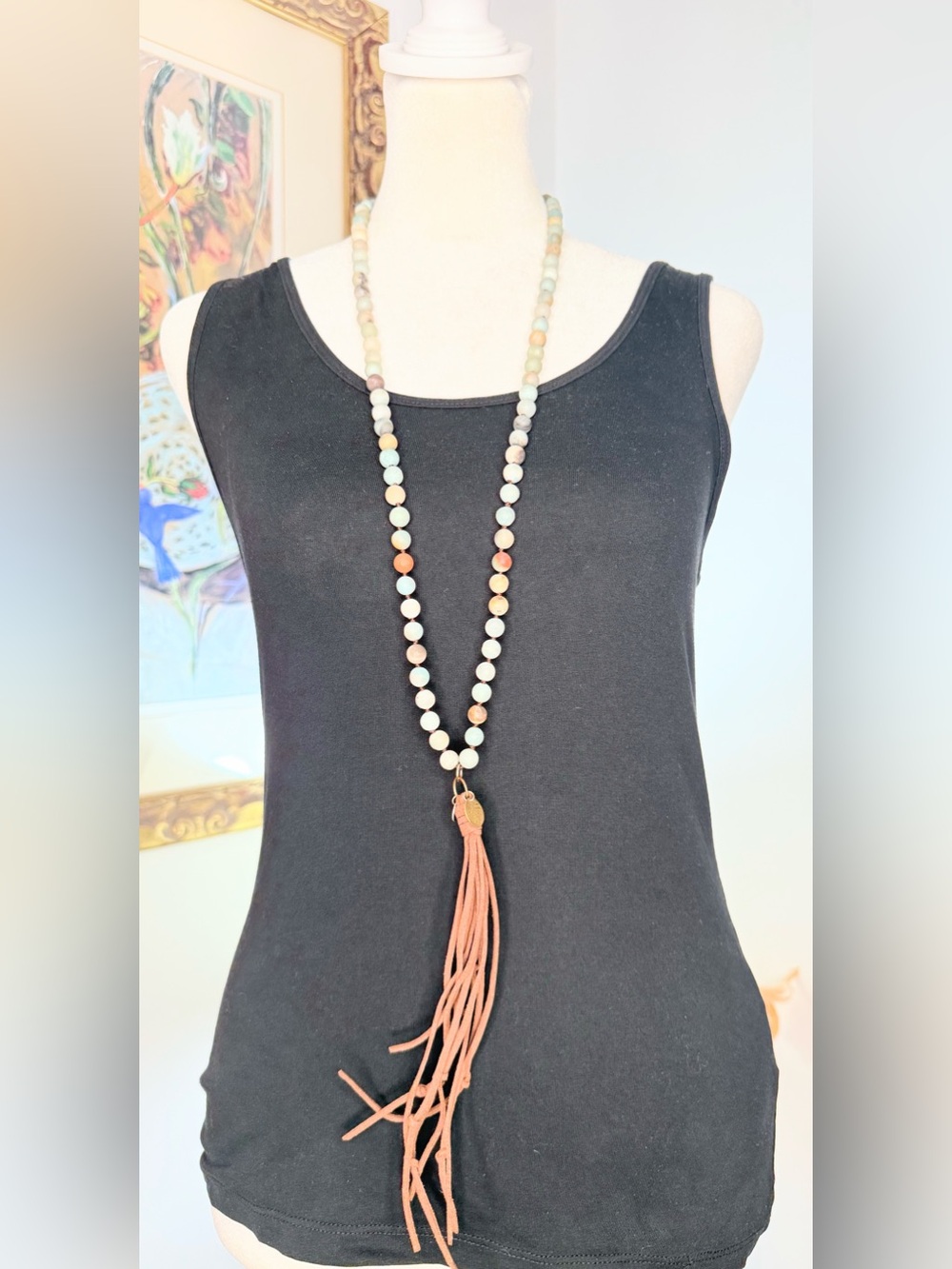 BB Glass Bead Long Tassel Necklace Boho Southwestern Multicolor 25” Statement